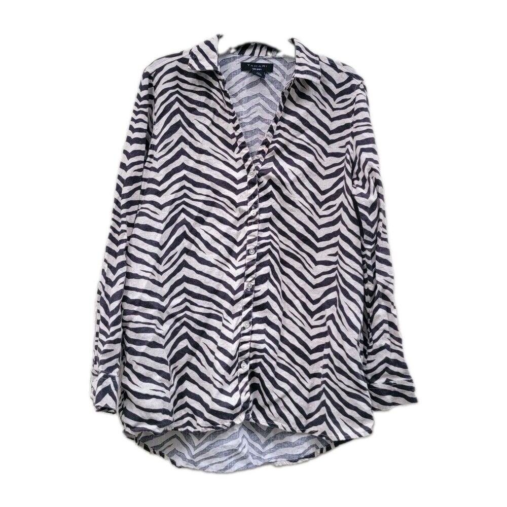 Tahari 100% Linen Zebra Print Button Up Shirt Sz M Coastal Lagenlook Resort